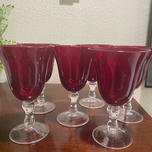 Set of 6, Ruby Red, Clear Stemmed, Water/Wine Goblets with a Bell Shaped Cup